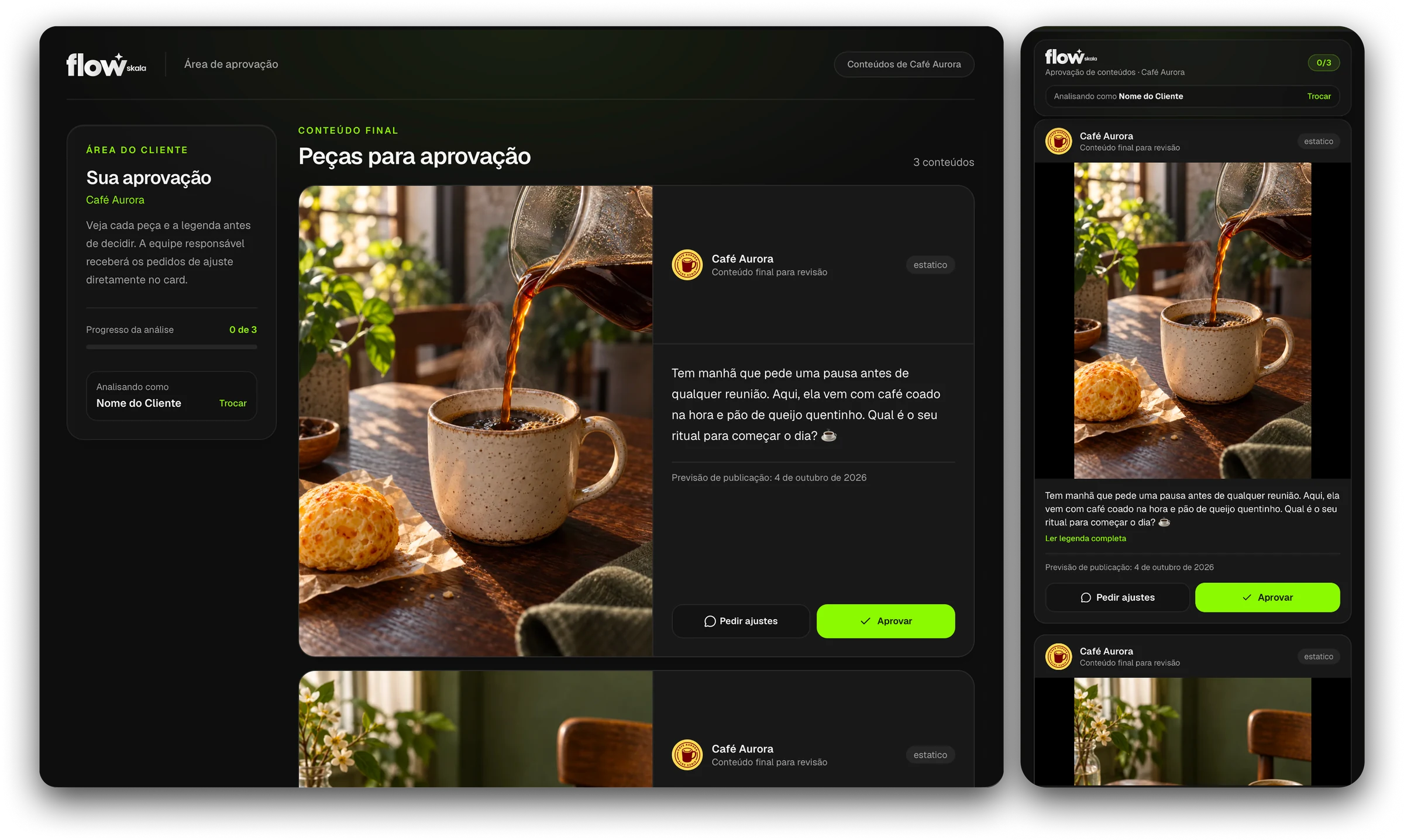 Página de aprovação do Café Aurora no Flow, com peças para revisar e versão para celular