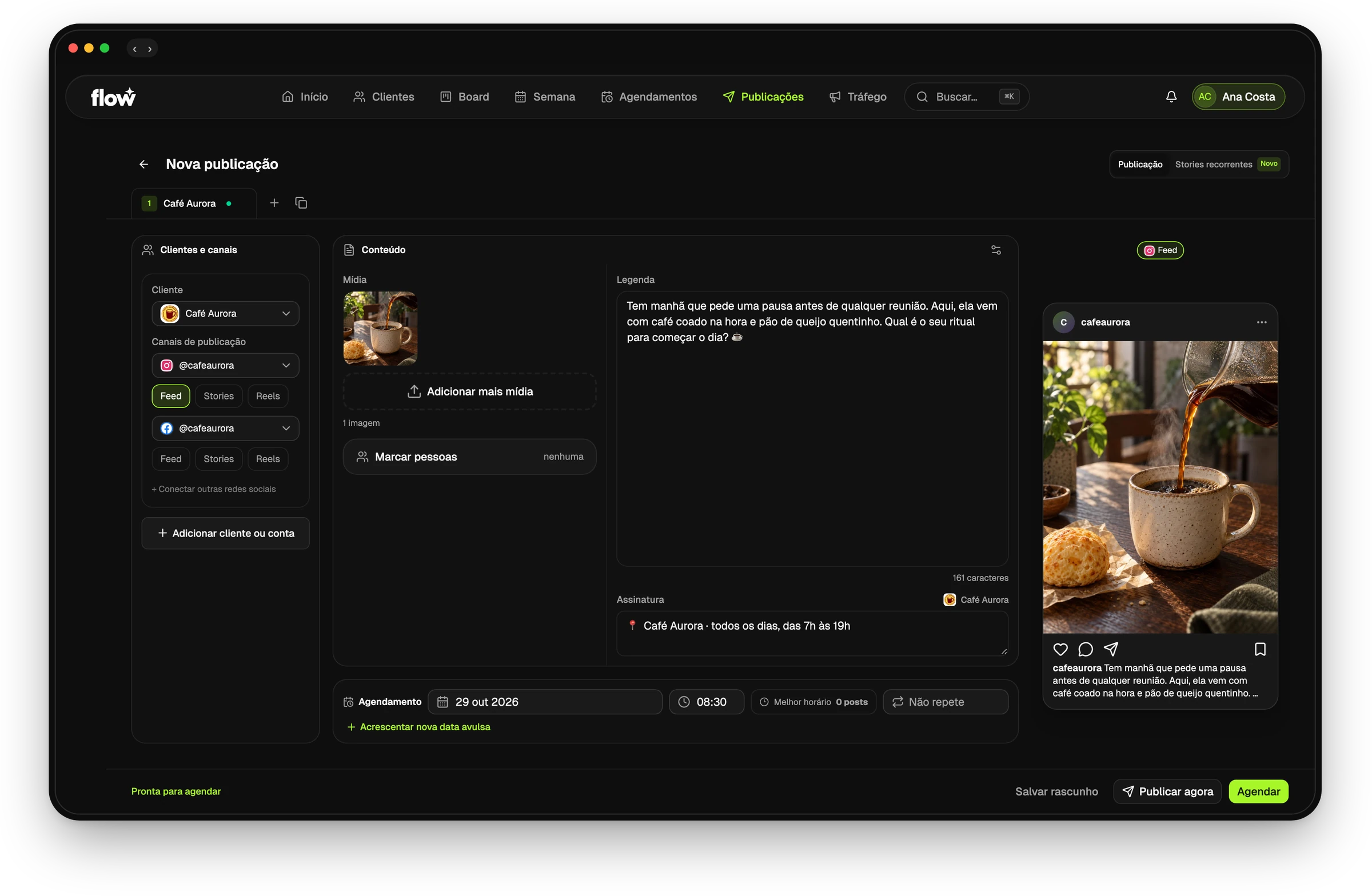 Tela de nova publicação do Café Aurora no Flow, com legenda, mídia, pré-visualização e opções de agendamento