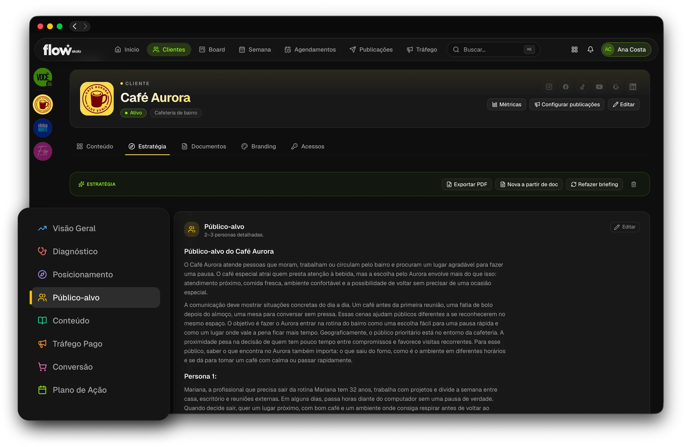 Estratégia do Café Aurora aberta no Flow, com áreas editáveis e opções de exportar PDF e gerar nova versão a partir de documento